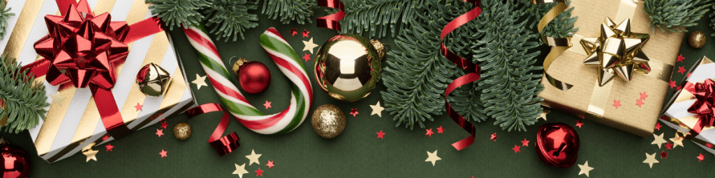 Christmas symbols, gifts, candy canes, Christmas Tree ornaments, evergreen boughs, jingle bells.