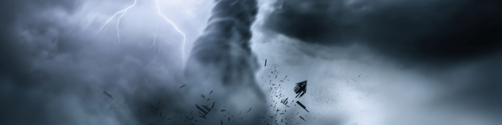 A tornado blowing through and destroying everything in it's path, repretning The Tower Card in tarot.