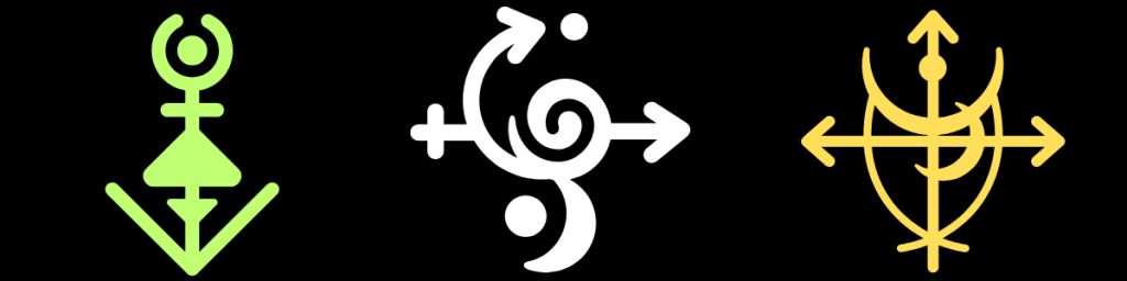 Three unique sigils; symbolic representations of intent.