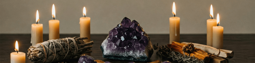 Spiritual altar with large amethyst crystal, candles, sage, Palo Santo and pine